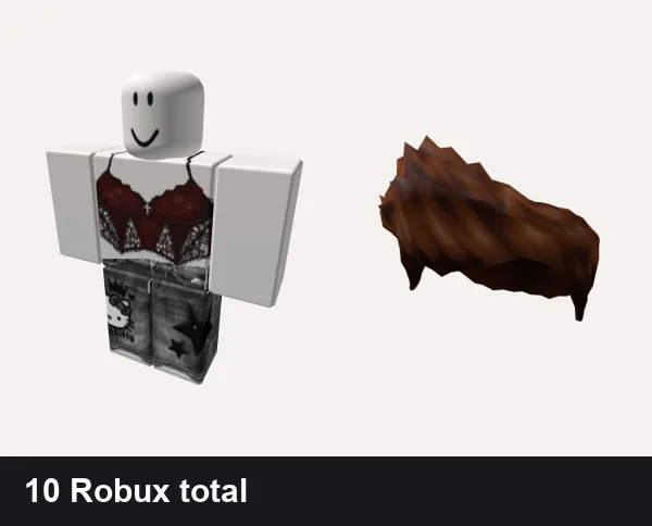 Streetwear Roblox outfits under 50 Robux: Cute red and black grunge girl classic shirt, grey y2k star da hood jeans emo cute streetwear, Brown Charmer Hair