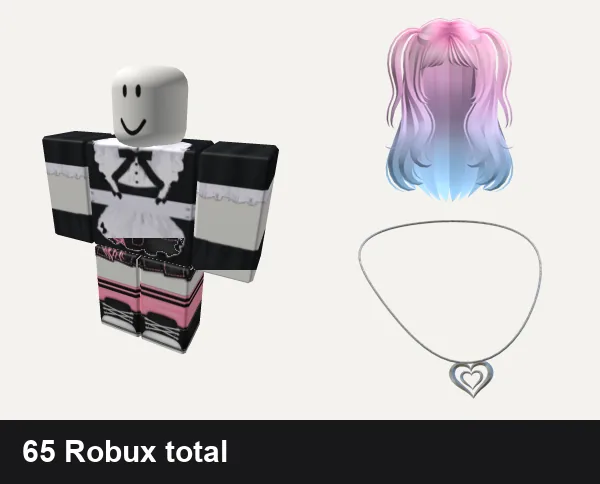 Y2K Roblox outfits under 200 Robux: maid outfit catgirl anime troll y2k emo, Black and pink Y2K pretty gothic vamp skirt, Y2K Wavy Pigtails Pink to Blue, Y2K Heart Necklace
