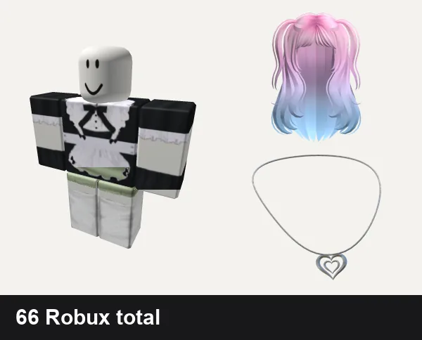 Y2K Roblox outfits under 200 Robux: maid outfit catgirl anime troll y2k emo, 🌱 green y2k cottagecore kawaii vintage dress, Y2K Wavy Pigtails Pink to Blue, Y2K Heart Necklace
