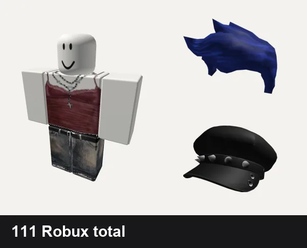 Y2K Roblox outfits under 200 Robux: Y2k cute red tank top, y2k Balenciaga, True Blue Hair, y2k Black Spikey Beret cap