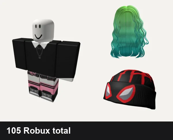 Y2K Roblox outfits under 200 Robux: y2k Black Aesthetic, Black and pink Y2K pretty gothic vamp skirt, Y2K Green/Blue Long Hair, Y2K Multiverse Boy Beanie